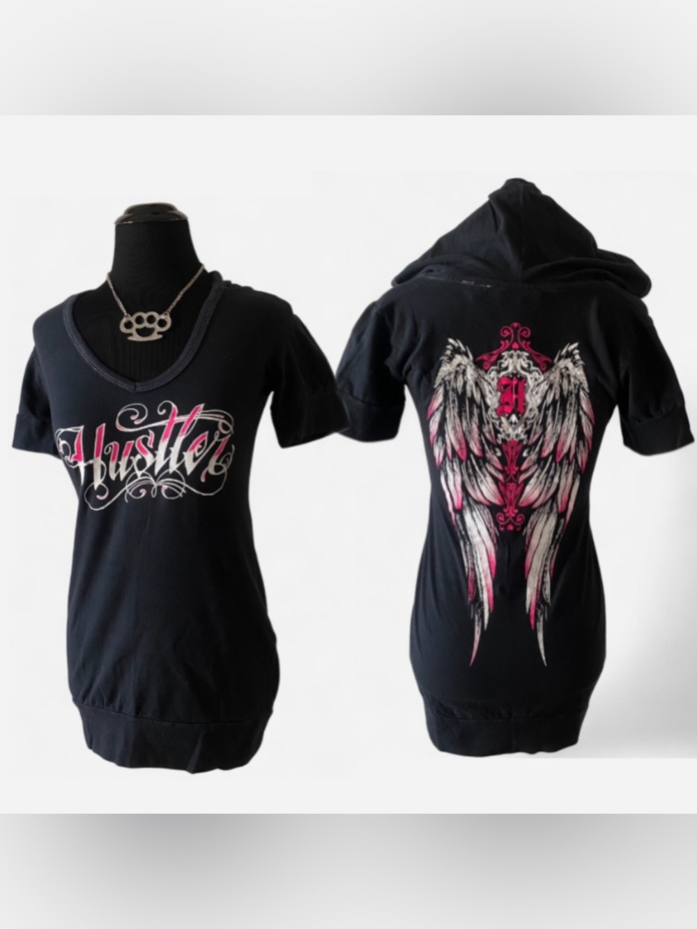 Deadstock NWT Hustler Hot Pink & Black Hooded Micro Mini Dress Wings Design